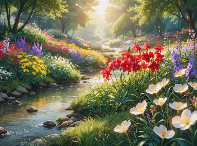 no humans,nature,flower,outdoors,scenery,grass,tree,rock,forest,red flower,white flower,water,sunlight,day,river,purple flower,plant,yellow flower,bush,stream,[quality]: rating:explicit,masterpiece,score_9,score_8,very aesthetic,upscaled,fine fabric emphasis,original,official art,depth of field,masterpiece,absurdres,highres,game screenshot,game cg,anime screenshot,official wallpaper