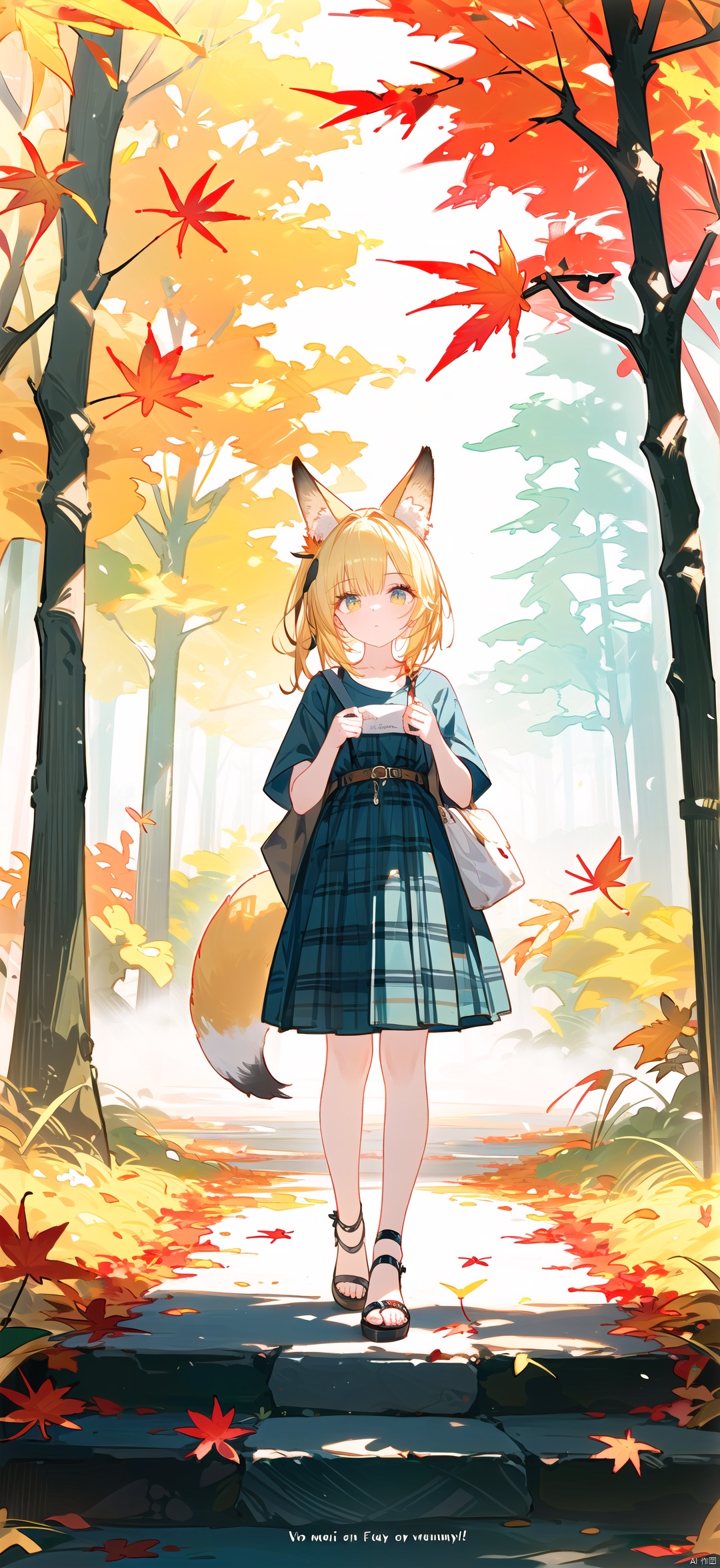 1girl, solo, looking at viewer, sitting, fox ears, full body, strappy heels,plaid shirt, short sleeves,jacket, bow, bangs, low ponytail, blonde hair fox tail, fox girl, kitsune, ((autumn, outdoors, day, forest, falling leaves, bird, leaf)), (fog, dyntall effect), (wide shot, panorama, full body, depth of field),(movie poster,english text),(Flagstone road,branches), colors, backlight,
//
maximalism, fine fabric emphasis, best quality, amazing quality, very aesthetic, absurdres, Highly detailed, ltra realistic 8k cg, 