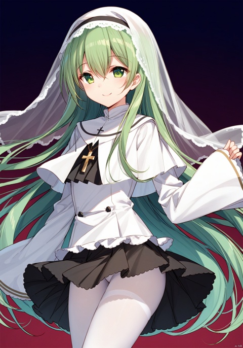 cecilia (shiro_seijo_to_kuro_bokushi), 1girl, smile, solo, very long hair, green hair, green eyes, hair between eyes, white nun veil, white dress, frilled dress, white capelet, jewelry, long sleeves, wide sleeves, sleeves past wrists, cross necklace, pleated skirt, black skirt, miniskirt, white pantyhose, BREAK, fine fabric emphasis, best quality, masterpiece, best quality, amazing quality, very aesthetic, absurdres, best quality, amazing quality, very aesthetic, absurdres, Highly detailed, best quality, masterpiece, Highly detailed,
