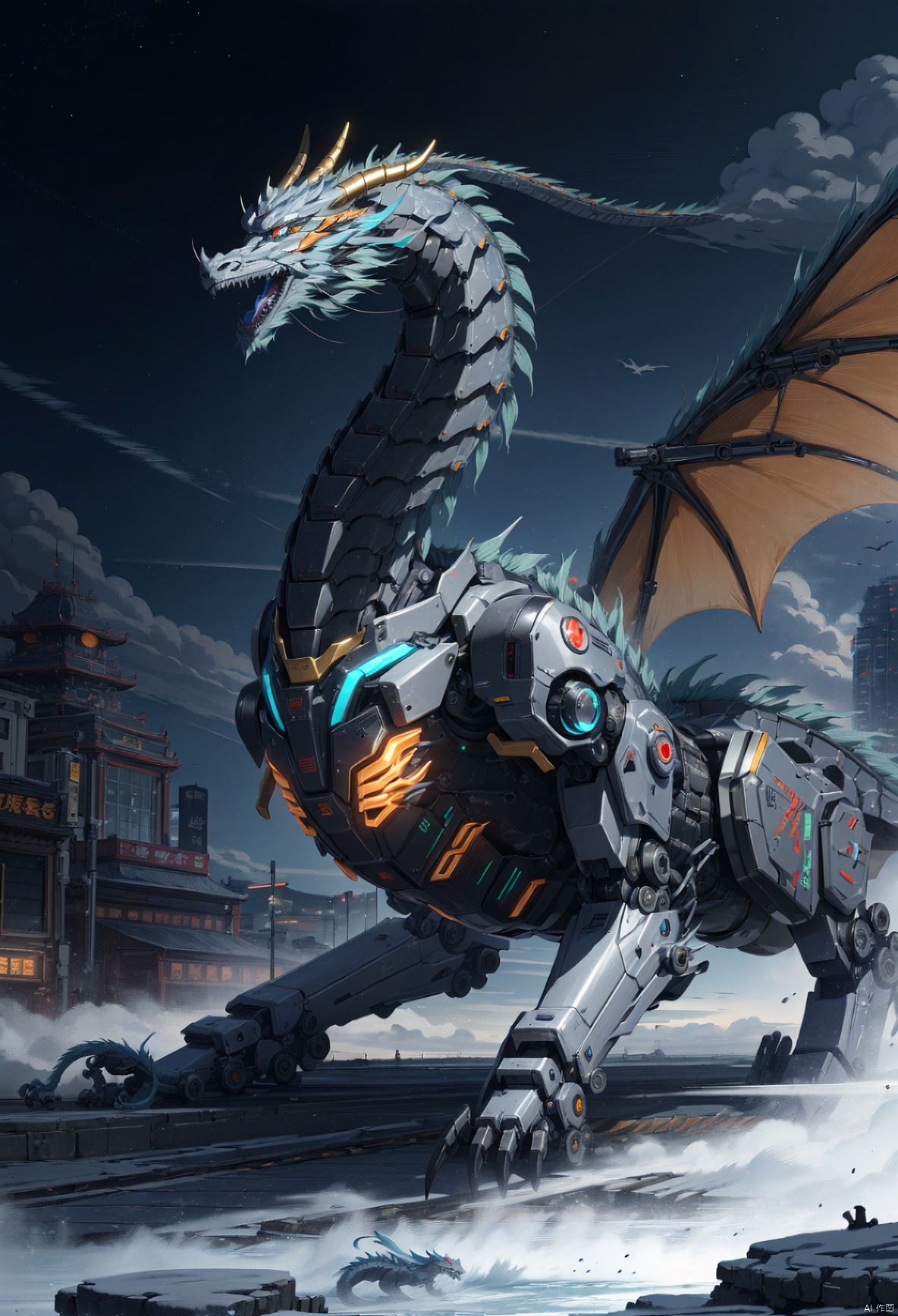 a mecha dragon,8k, High quality, high quality, glowing body, mechanical joint, orange led light, high detailed mecha, high-precision mecha, mecha, exoskeleton mechanical armor, mecha dragon, horns, growing joint, dragon, eastern dragon, jet device, high detailed, HD, black joint