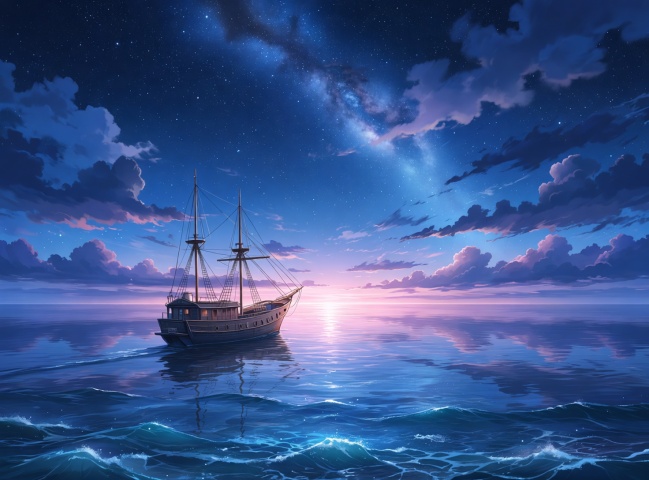 scenery,sky,cloud,star (sky),no humans,outdoors,starry sky,watercraft,ocean,horizon,boat,water,night,sunset,cloudy sky,night sky,ship,[quality]: rating:explicit,masterpiece,score_9,score_8,very aesthetic,upscaled,fine fabric emphasis,original,official art,depth of field,masterpiece,absurdres,highres,game screenshot,game cg,anime screenshot,official wallpaper