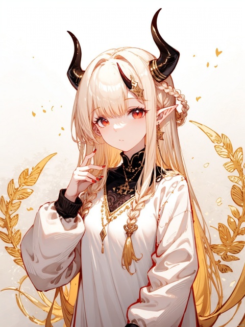 1girl, red eyes, horns, red nails, white hair, looking at viewer, long hair, pointy ears, upper body, solo focus, jewelry, long sleeves, earrings, bangs, closed mouth, gradient, braid, 