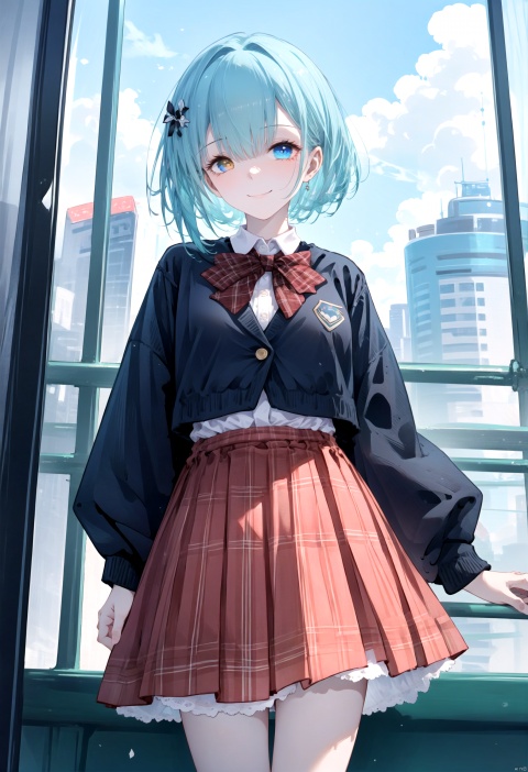  1girl,solo,tender,sister.long_hair,highly detailed eyes,(heterochromia<(ruby eye,blue eye)>,albinism),blazer,blue_jacket,brown_skirt,long_sleeves,plaid_skirt,pleated_skirt,school_uniform,open_clothes,white shirt,open_jacket;;standing,smile,closed_mouth,blush,looking_at_viewer.