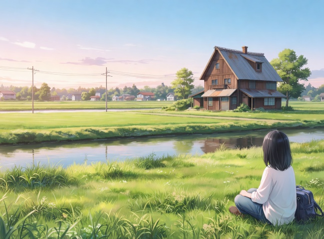 tree,1girl,outdoors,solo,scenery,water,house,sitting,shirt,day,wide shot,traditional media,border,power lines,river,bush,reflection,shoes,utility pole,building,bag,white shirt,grass,black hair,[quality]: rating:explicit,masterpiece,score_9,score_8,very aesthetic,upscaled,fine fabric emphasis,original,official art,depth of field,masterpiece,absurdres,highres,game screenshot,game cg,anime screenshot,official wallpaper
