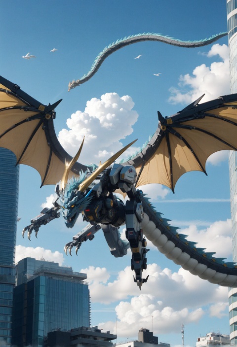a mecha dragon,8k, High quality, high quality, morning sunshine, glowing body, mechanical joint, orange led light, high detailed mecha, high-precision mecha, mecha, exoskeleton mechanical armor, mecha dragon, a dragon is flying through the air with clouds in the background and a building in the foreground with a sky background, horns, sky, growing joint, day, cloud, blue sky, no humans, glowing, cloudy sky, scenery, dragon, eastern dragon, flying, jet device, high detailed, white mecha, HD, black joint