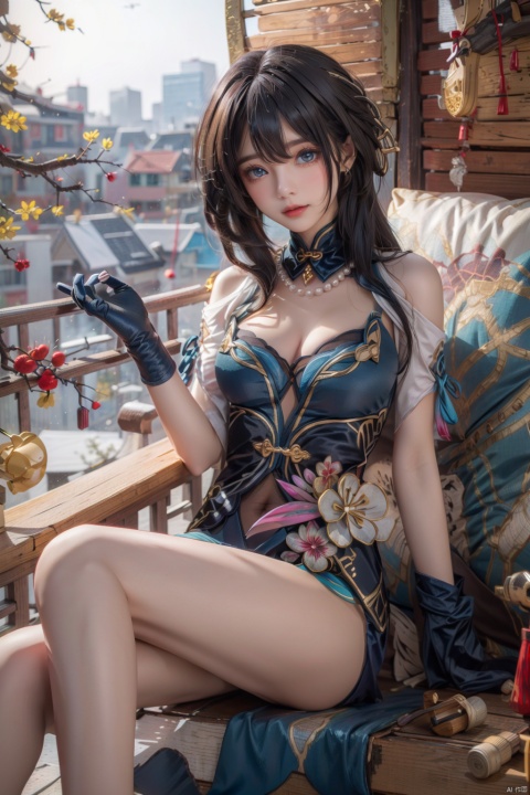 fine fabric emphasis, 1girl, looking at viewer, ruanmei, gloves, blue eyes, black hair, dress, breasts, chinese clothes,
