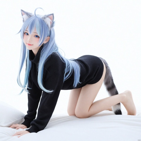 masterpiece, best quality, 1girl, solo, all fours, white background, sweater, breasts, smile, blue eyes, black sweater, long hair, simple background, animal ears, looking at viewer, blush, tail, blue hair, multicolored hair, animal ear fluff, barefoot, cat ears, large breasts, cat tail, ahoge, very long hair, cat girl, BREAK, fine fabric emphasis, best quality, amazing quality, very aesthetic, absurdres, best quality, amazing quality, very aesthetic, absurdres, Highly detailed, best quality, masterpiece, Highly detailed,