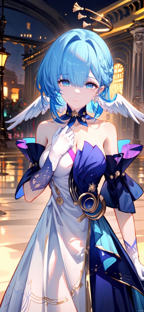 robin,1girl,(blue hair:1.2),bare shoulders,halo,white gloves,earrings,white dress,strapless dress,head wings,high quality,purple dress,detached sleeves,collarbone,(masterpiece,best quality,high quality:1.4),absurdres,

BREAK, maximalism.fine fabric emphasis, best quality, amazing quality, very aesthetic, absurdres, 
HDR, UHD, 8K, Highly detailed, best quality, masterpiece, realistic, Highly detailed, (EOS R8, 50mm, F1.2, 8K, RAW photo:1.2), ultra realistic 8k cg,