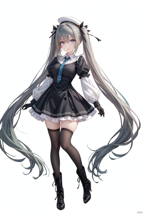  1girl, solo, long hair, hat, gloves, white background, full body, dress, simple background, high heels, black headwear, green hair, black footwear, holding, black gloves, short sleeves, boots, frills, puffy sleeves, thighhighs, twintails, standing, bow, hair between eyes, bangs, green necktie, socks, blue eyes, very long hair, necktie, puffy short sleeves, black dress, long sleeves, kneehighs, frilled dress, high heel boots, top hat, looking at viewer,
