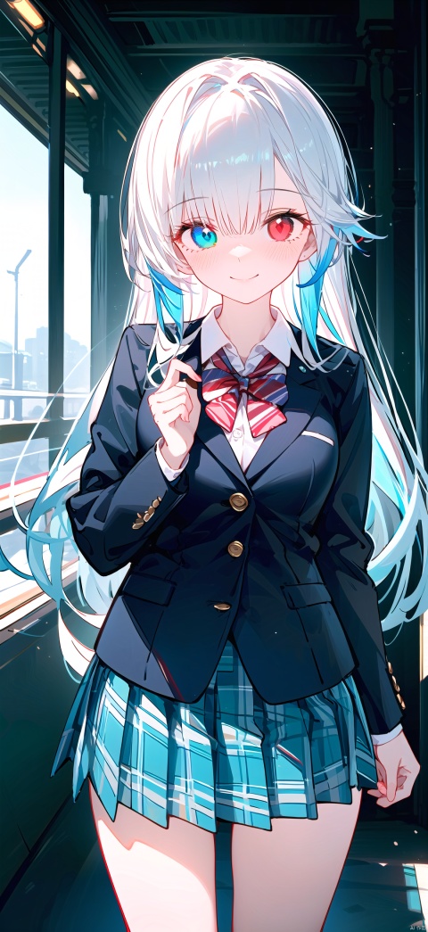 1girl,solo,tender,sister.long_hair,highly detailed eyes,(heterochromia<(red eye,blue eye)>,albinism),blazer,blue_jacket,brown_skirt,long_sleeves,plaid_skirt,pleated_skirt,school_uniform,open_clothes,white shirt,open_jacket;;standing,smile,closed_mouth,blush,looking_at_viewer,
//
maximalism, fine fabric emphasis, best quality, amazing quality, very aesthetic, absurdres, Highly detailed, ltra realistic 8k cg, 