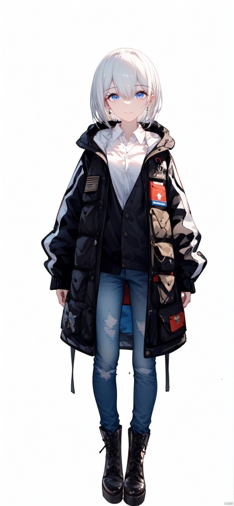  1girl, solo, standing, vtuber-fullbody, maximalism, fine fabric emphasis, long hair, looking at viewer, blue eyes, smile, jacket, bangs, shirt, collared shirt, closed mouth, hair between eyes, open clothes, white shirt, long sleeves, open jacket, white hair, white jacket, short-jeans, short Martin boots
,BREAK,
(white background),simple background,best quality, amazing quality, very aesthetic, absurdres, 
HDR, UHD, 8K, Highly detailed, best quality, masterpiece, realistic, Highly detailed, (EOS R8, 50mm, F1.2, 8K, RAW photo:1.2), ultra realistic 8k cg,