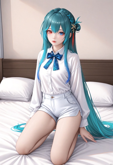 realistic, white background, 1girl, solo, dusk(arknights), tender wifely, long hair, gradient hair, multiple_colored hair, heterochromia<(red eye,blue eye)>), white shorts, hair ornament, short shorts, white shirt, braid, blue bowtie, looking at viewer, 
indoors, kneeling, on bed, 
BREAK, 
maximalism, fine fabric emphasis, best quality, amazing quality, very aesthetic, absurdres, best quality, masterpiece, Highly detailed, amazing quality, 