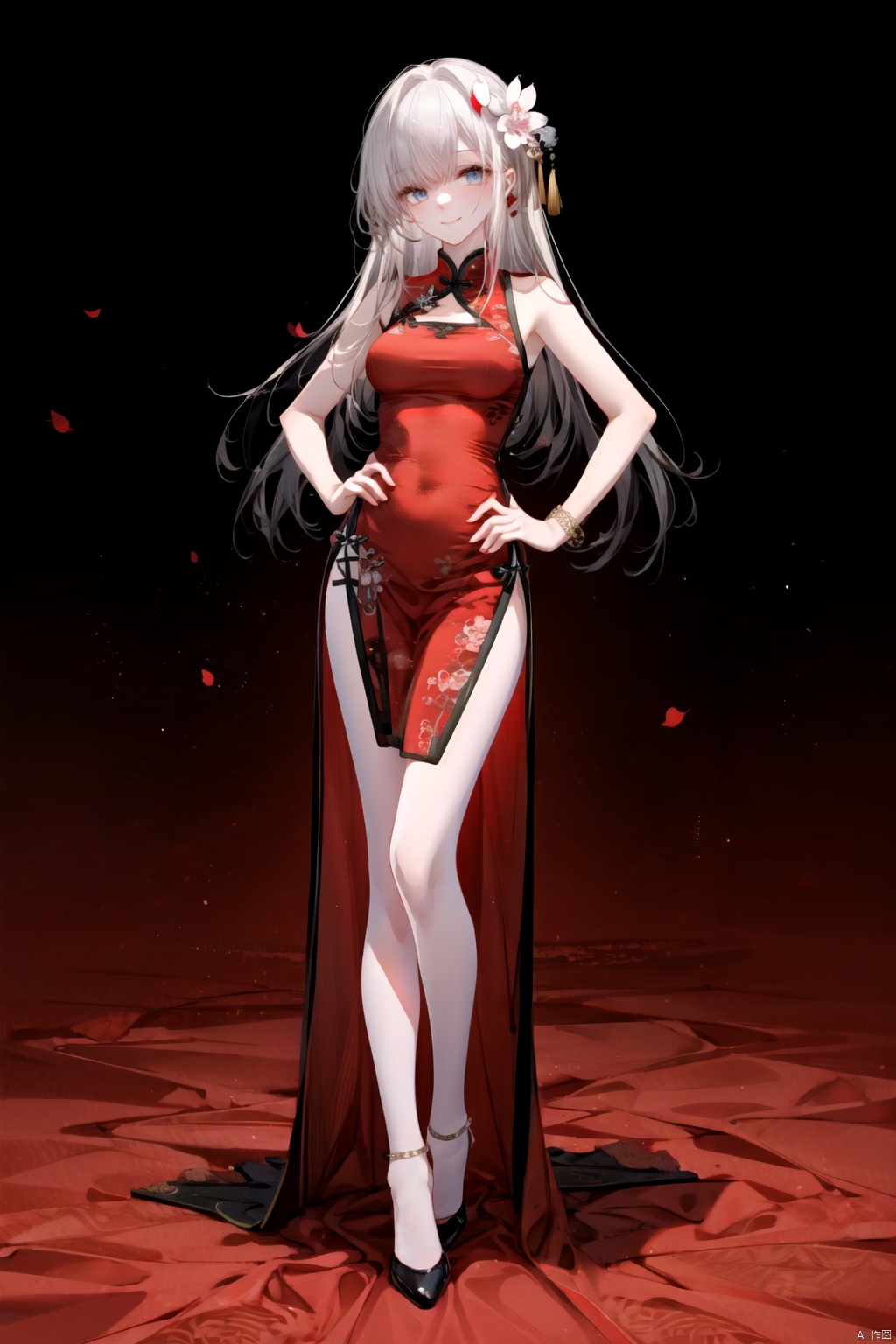 qipao, 1girl, long hair, solo, red dress, full body, china dress, white background, smile, looking at viewer, high heels, medium breasts, hair ornament, standing, hand on hip, jewelry, sleeveless dress, bracelet, closed mouth, single elbow glove, bare shoulders, anklet, ;), hair flower, side slit,