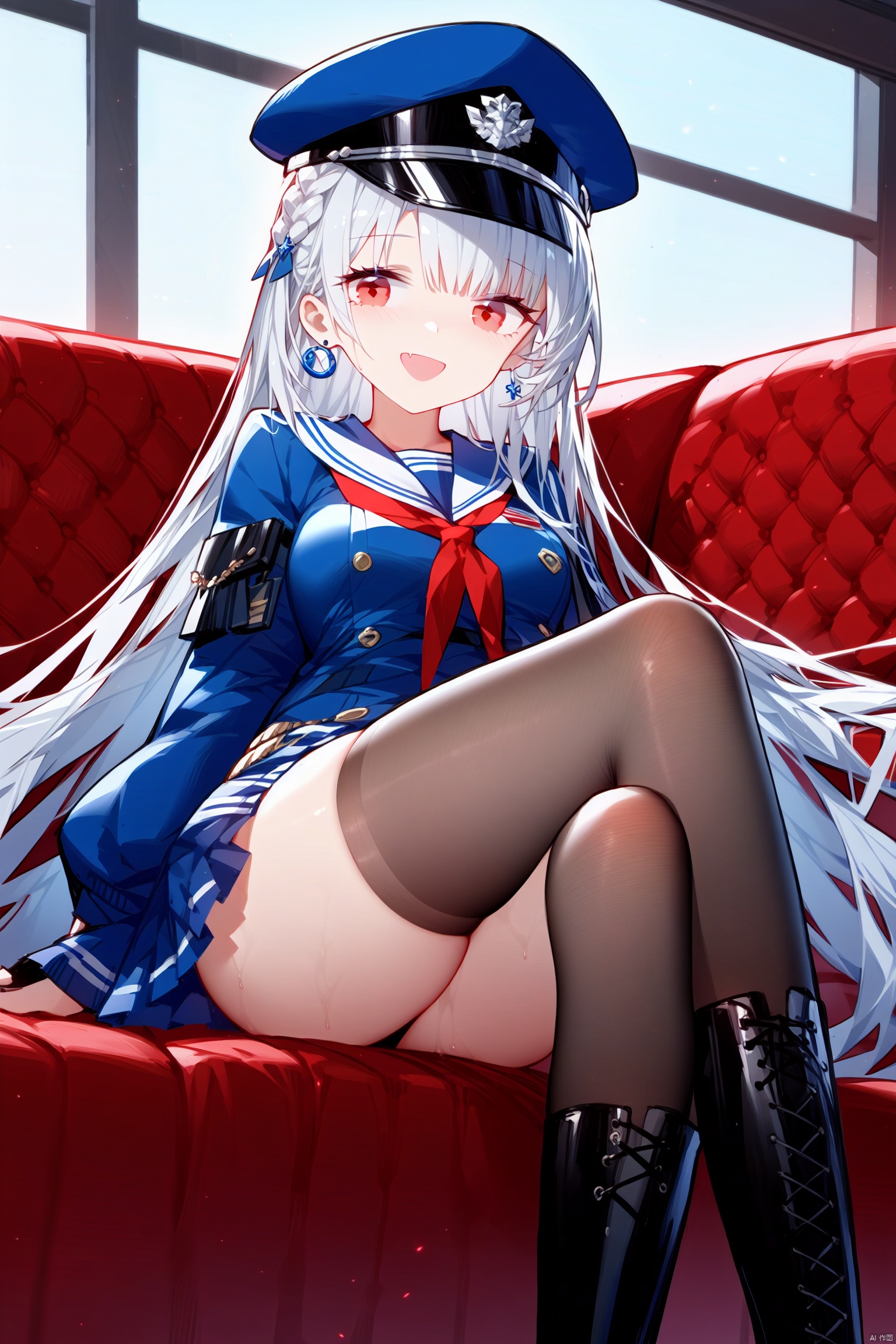 1girl, solo, red eyes, long hair, thighhighs, gloves, looking at viewer, sitting, hat, white hair, crossed legs, boots, smile, black gloves, open mouth, black headwear, earrings, knee boots, black footwear, black thighhighs, long sleeves, jewelry, thigh strap, thighs, bangs, very long hair, fingerless gloves, jacket, :d, neckerchief, sailor collar, shirt, braid, skirt, peaked cap, 