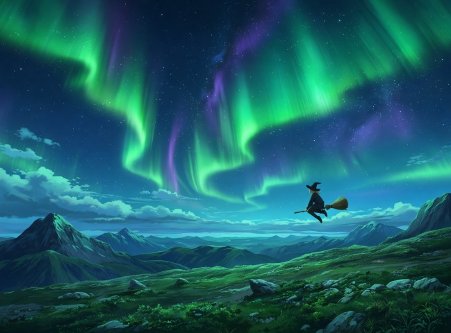night,star (sky),sky,letterboxed,starry sky,scenery,night sky,aurora,broom,outdoors,broom riding,mountain,shooting star,landscape,cloud,rock,green theme,[quality]: rating:explicit,masterpiece,score_9,score_8,very aesthetic,upscaled,fine fabric emphasis,original,official art,depth of field,masterpiece,absurdres,highres,game screenshot,game cg,anime screenshot,official wallpaper