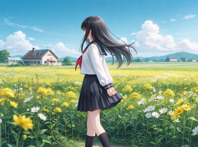 1girl,solo,school uniform,outdoors,ponytail,flower,skirt,field,rain,house,serafuku,scenery,socks,long sleeves,black skirt,shirt,white shirt,power lines,black hair,sailor collar,sky,long hair,from side,walking,pleated skirt,building,black socks,red neckerchief,[quality]: rating:explicit,masterpiece,score_9,score_8,very aesthetic,upscaled,fine fabric emphasis,original,official art,depth of field,masterpiece,absurdres,highres,game screenshot,game cg,anime screenshot,official wallpaper