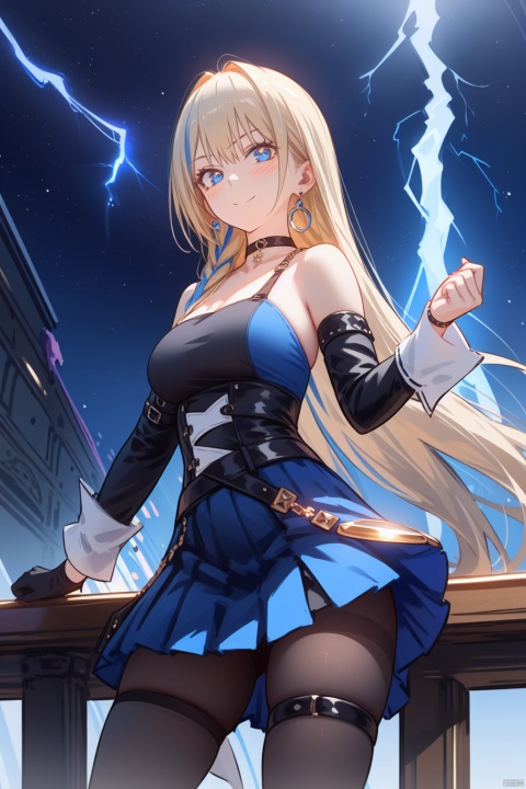 fine fabric emphasis, 1girl, looking at viewer, xiluwa, blonde hair, blue hair, multicolored hair, long hair, skirt, earrings, pantyhose, jewelry, asymmetrical sleeves, bare shoulders, black choker, bangs, Lightning tattoo, thigh_strap,
