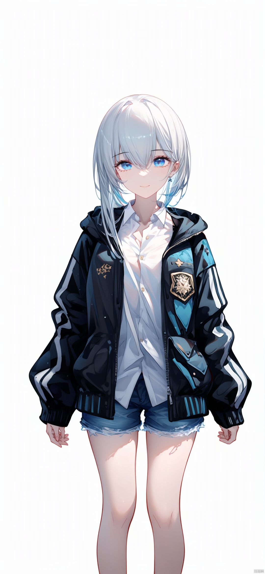  maximalism.fine fabric emphasis,1girl, solo, long hair, looking at viewer, blue eyes, smile, jacket, bangs, shirt, collared shirt, closed mouth, hair between eyes, open clothes, white shirt, long sleeves, open jacket, white hair, white jacket, short pants, vtuber-fullbody
,BREAK,
white background,simple background,best quality, amazing quality, very aesthetic, absurdres, 
HDR, UHD, 8K, Highly detailed, best quality, masterpiece, realistic, Highly detailed, (EOS R8, 50mm, F1.2, 8K, RAW photo:1.2), ultra realistic 8k cg,