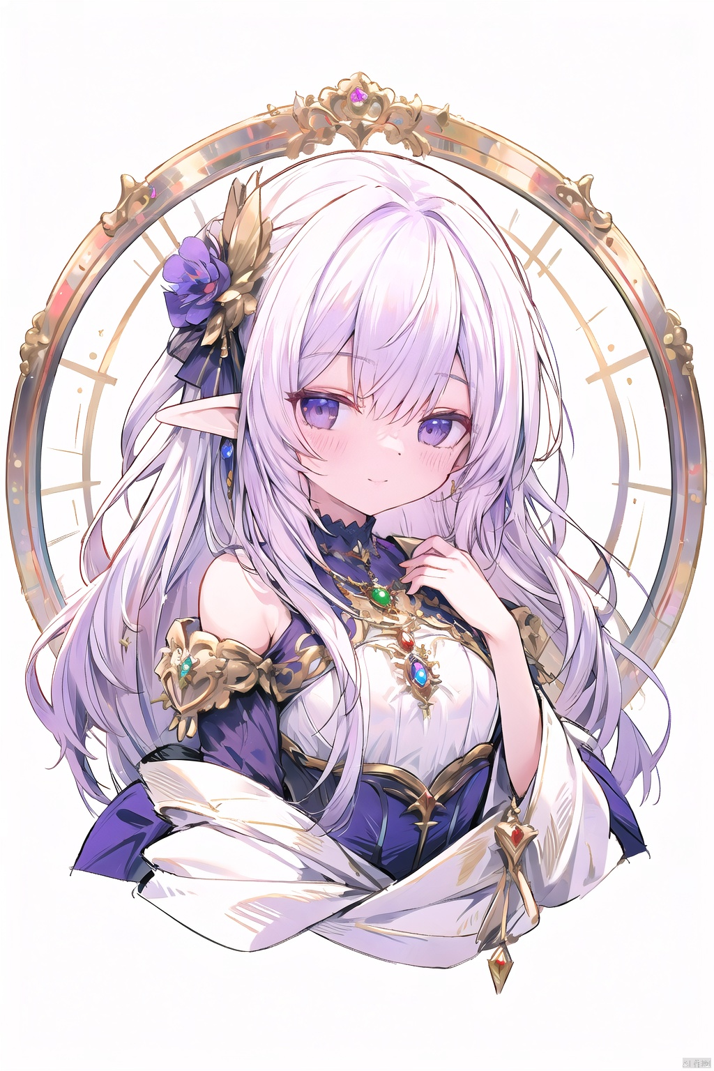  [(white background:1.4)::4], solo, traditional media, sketch, (gilded frame),
solo, 1girl, elf,
purple eyes, (white hair), (long hair), light blush, swept bangs, floating hair, purple gradient hair,
(purple royal dress), robe, crystal, jewelry, necklace, gothic, gilded texture, golden trim,
upper body, (cropped torso),
looking at viewer, light smile, half-closed eyes,
white background, fantasy, lavender, violet, garden, fflogo