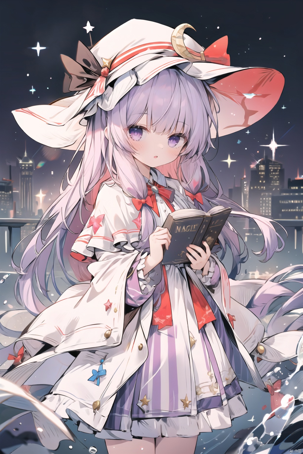  1girl, patchouli_knowledge, solo, long_hair, looking_at_viewer, bangs, long_sleeves, hat, dress, bow, ribbon, holding, purple_eyes, purple_hair, hair_bow, cowboy_shot, parted_lips, striped, water, red_bow, red_ribbon, book, capelet, blue_bow, mob_cap, hat_ribbon, crescent, holding_book, hat_ornament, crystal, open_book, magic, pink_headwear, crescent_hat_ornament, floating_object, hydrokinesis , masterpiece, backlight