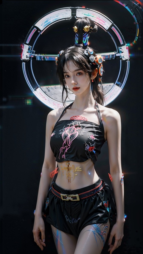 dudou,(red blackground:1.5), （cleavage1.3）,front view, chinese style, cyber,  (waist shot:1.5), (holographic halo:1.5), (holographic projections:1.3), (neon lights:1.5),  realistic style with fantasy elements, hight-definition, shiny skin, Surrealism, detailed clothing, hair ornaments, Traditional Chinese mythology, Mythical characters,  Hanfu and mecha, Surrounded by ribbons and rings of fire, Each shows its own powers, high quality, masterpiece, HD,chinese door gods,girl,cyberhanfu,shidudou,qingsha
