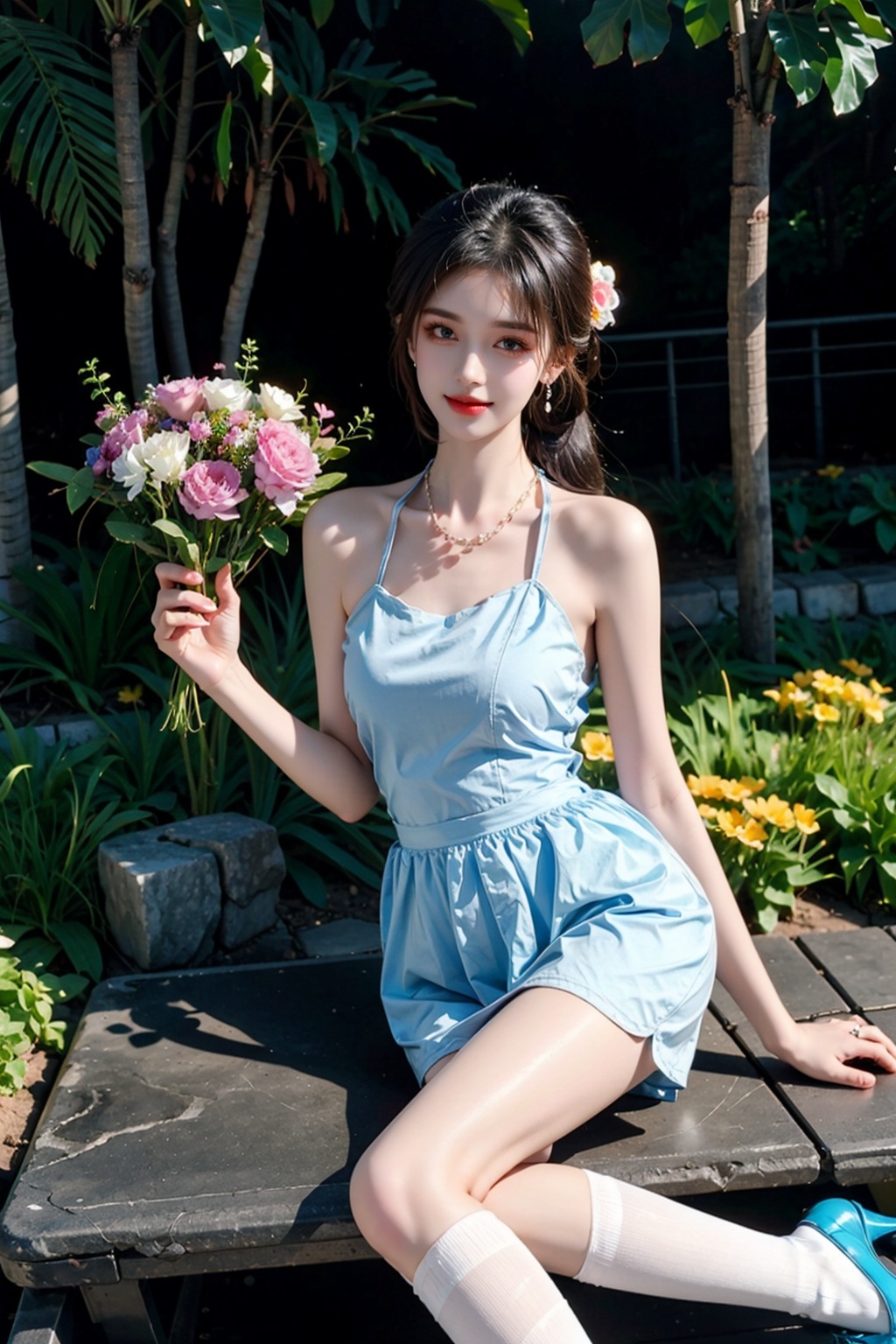 masterpiece, Original, Stand, a beautiful woman with a bouquet of flowers in her hand, long hair, wearing a dudou on the upper body,silk stockings/socks on the lower body, jewelry, Necklace, Earrings, Ring, rounded at the knees, waiting for someone, with a sweet smile, The best quality, Ray tracing, 8k