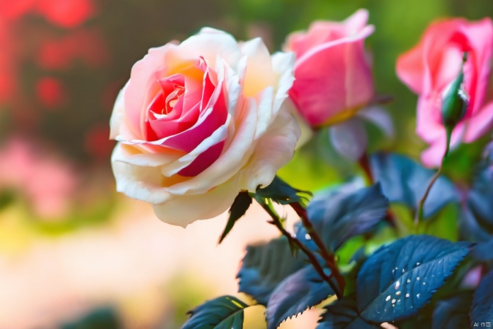 Flowers, no one, white flowers, blurry, still life, leaves, blue roses, roses, blurry background, depth of field, realistic, pink flowers, outdoor, plants, signature, bokeh, day, scenery, red flowers, roses
