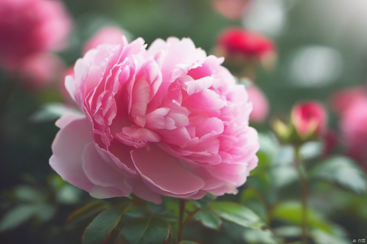  flower, no humans, pink flower, blurry, still life, leaf, pink rose, rose, blurry background, depth of field, realistic, white flower, outdoors, plant, signature, bokeh, day, scenery, red flower, peony \(flower\)