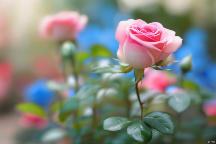 Flowers, no one, white flowers, blurry, still life, leaves, blue roses, roses, blurry background, depth of field, realistic, pink flowers, outdoor, plants, signature, bokeh, day, scenery, red flowers, roses