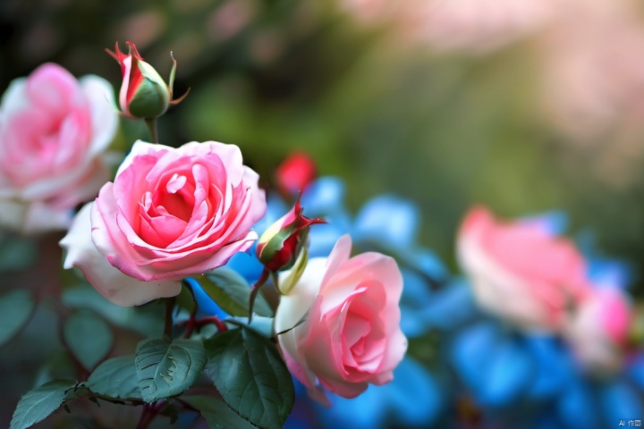 Flowers, no one, white flowers, blurry, still life, leaves, blue roses, roses, blurry background, depth of field, realistic, pink flowers, outdoor, plants, signature, bokeh, day, scenery, red flowers, roses