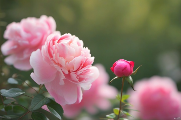  flower, no humans, pink flower, blurry, still life, leaf, pink rose, rose, blurry background, depth of field, realistic, white flower, outdoors, plant, signature, bokeh, day, scenery, red flower, peony \(flower\)