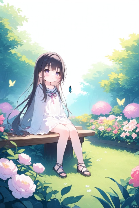 (((artist:nano))),loli,1girl,a minigirl sitting on the edge of a plant pot with an oversized flower,butterfly on it,garden,peony,pixie, loli, paleColor,