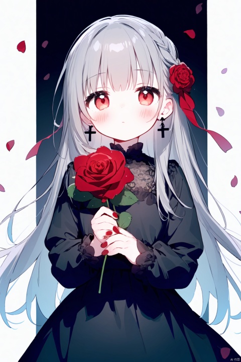 ((artist:nano)),loli,1girl, solo, long hair, looking at viewer, blush, bangs, red eyes, long sleeves, dress, ribbon, holding, jewelry, very long hair, closed mouth, weapon, braid, flower, grey hair, earrings, puffy sleeves, sword, nail polish, black dress, petals, rose, holding sword, cross, black background, red flower, red nails, puffy long sleeves, red rose, holding flower, cross earrings, rose petals, latin cross