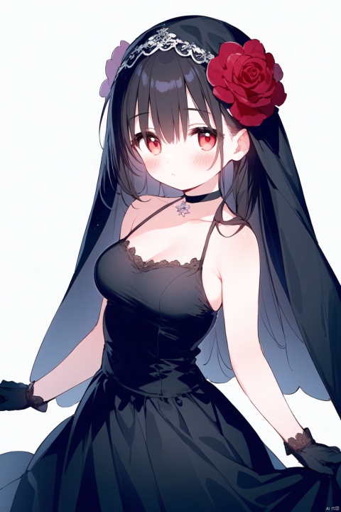 ((artist:nano)),loli,1girl, solo, long hair, breasts, looking at viewer, bangs, simple background, black hair, hair ornament, red eyes, gloves, white background, dress, hair between eyes, bare shoulders, medium breasts, closed mouth, collarbone, flower, sleeveless, choker, hair flower, black dress, sleeveless dress, rose, halterneck, red flower, veil, red gloves, red rose, skirt hold, piano