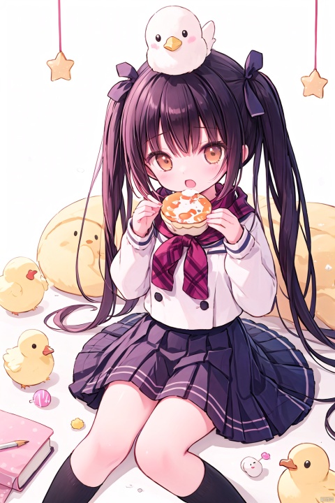  1girl, animal, animal_on_head, bag, bird, bird_on_head, black_legwear, black_skirt, blush, book, brown_eyes, brown_hair, bunny, candy, cheese, chick, chicken, crown, duck, eraser, food, fried_egg, hamster, kero, kneehighs, lollipop, long_hair, manjuu_\(azur_lane\), mechanical_pencil, on_head, open_mouth, pencil, plaid, rubber_duck, scarf, school_uniform, skirt, solo, star_\(symbol\), tears, toast, twintails, year_of_the_rooster