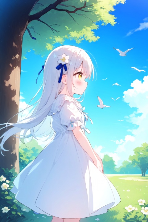 (((artist:nano))),loli,1girl, solo, long hair, bangs, hair ornament, dress, ribbon, brown eyes, very long hair, closed mouth, standing, hair ribbon, yellow eyes, flower, white hair, short sleeves, outdoors, frills, sky, puffy sleeves, cloud, hair flower, white dress, from side, red ribbon, tree, blue sky, puffy short sleeves, profile, bird, frilled dress, grass, bug, white flower