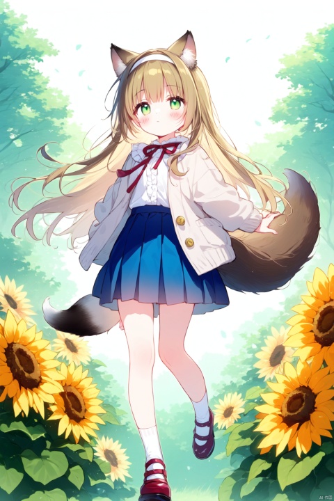 ((artist:nano)),loli,1girl, solo, long hair, bangs, skirt, blonde hair, shirt, long sleeves, ribbon, holding, animal ears, very long hair, closed mouth, green eyes, standing, jacket, tail, full body, white shirt, flower, white hair, hairband, frills, open clothes, shoes, socks, open jacket, official alternate costume, red ribbon, blue skirt, fox ears, neck ribbon, fox tail, animal, cat, white jacket, crossover, fox girl, multiple tails, red footwear, hair down, yellow flower, sunflower, basket, on head, open cardigan, blue hairband, black cat, frilled hairband, kitsune, cat on head, suzuran \(arknights\), luoxiaohei