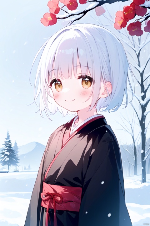 (((artist:nano))),loli,1girl, solo, smile, short hair, white hair, brown eyes, jewelry, emotionless,hanfu,chinese_clothes,necklace, web address, snow, snowing, oil-paper,(white theme),(black theme),ink,tree,(red flowers), onnk