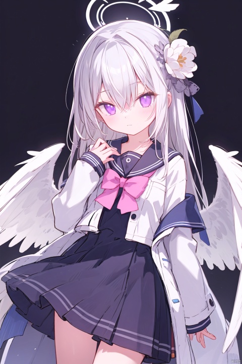  1girl, azusa \(blue archive\), flower, hair flower, hair ornament, solo, wings, halo, long hair, white background, white hair, looking at viewer, bangs, long sleeves, purple flower, simple background, hair between eyes, purple eyes, sailor collar, hand up, dress, black sailor collar, crossed bangs, white jacket, closed mouth, black dress, feathered wings, feathers, jacket, pink flower, very long hair, pocket, white wings, school uniform, low wings