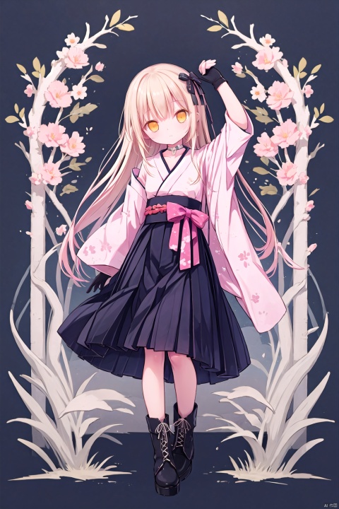 1girl, long hair, official alternate costume, very long hair, solo, gloves, skirt, choker, black gloves, high-waist skirt, boots, meiji schoolgirl uniform, hakama skirt, floral print, hakama, full body, japanese clothes, half gloves, chinese text, orange eyes, looking at viewer, bow, cross-laced footwear, hair bow, closed mouth, pink hair, yellow eyes, blonde hair, head tilt, wide sleeves, lace-up boots, black footwear, hair over shoulder, arm up, ribbon, black bow, flower, kimono