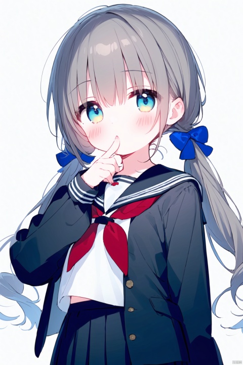 ((artist:nano)),1girl, solo, long hair, looking at viewer, blush, bangs, blue eyes, skirt, shirt, long sleeves, bow, hair between eyes, twintails, school uniform, jacket, hair bow, grey hair, pleated skirt, open clothes, serafuku, hand up, black skirt, sailor collar, neckerchief, black shirt, low twintails, blue bow, red neckerchief, finger to mouth, black sailor collar