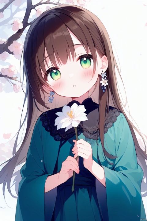 artist:nano,loli, 1girl, solo, long hair, dress, holding, feathers, looking at viewer, branch, brown hair, long sleeves, parted lips, flower, green eyes, black dress, head tilt, shawl, holding flower, earrings, blue dress, jewelry, cover
