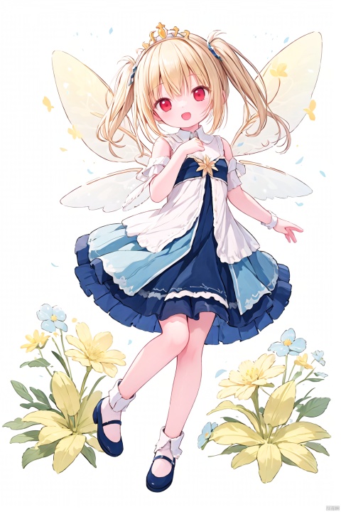 happy, excited, laugh loudly, open mouth white background1girl,cute:1.2,yellow hair,red eyes,twintails,bangs,(dynamic pose,dynamic angle),(full body),from below,fairy wings,flowers,full of flowers,tiara