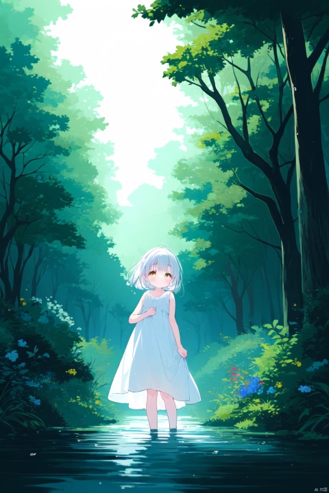 ((artist:nano)),loli(masterpiece),(best quality),illustration,ultra detailed,hdr,Depth of field,(colorful),loli,yellow theme,the setting sun,Chamomile,Chamomile,cornflower,vines,forest,ruins,lens flare,hdr,Tyndall effect,damp,wet,1girl,bare shoulders,broken glass,broken wall,white hair,white dress,closed mouth,constel lation,flat color,braid,white robe,float,closed mouth,constel lation,flat color,looking up,standing,medium hair,standing,solo,