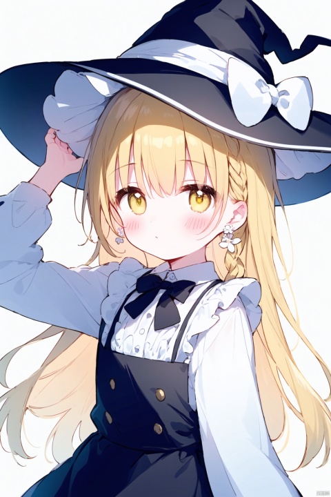 ((artist:nano)),loli,masterpiece,best quality,high quality,(colorful),[Artist miwano rag],[Artist toosaka asagi],[[[Artist wlop]]],[Artist chen bin],1girl,hat,kirisame marisa,blonde hair,solo,yellow eyes,bug,witch hat,butterfly,long hair,braid,bow,flower,apron,black headwear,single braid,long sleeves,earrings,hair ornament,jewelry,white bow,hair flower,shirt,white shirt,closed mouth,hair between eyes,black bow,waist apron,white apron,hat bow,black skirt,white flower,blush,bowtie,skirt,black bowtie,looking at viewer,hair bow,rose,black vest,vest,frills,signature,buttons,hand on headwear,upper body,frilled apron,white rose,arms up,cowboy shot,yellow butterfly,arm up,hands up,artist name,side braid,ribbon,