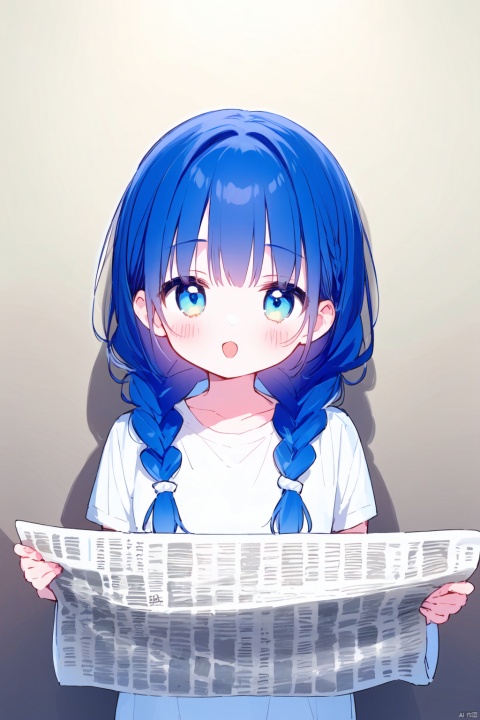 ((artist:nano)),loli,High quality, multi detail, 1 girl, all blue hair, blue hair, pink hair, braids, double braids, blue braids, blue braids, long hair, pompadu hair, bangs, big bangs, silly hair, big silly hair, fluffy hair, T-shirt, upper body, exquisite face, clear eyes, sapphire eyes, newspaper wall, clear newspaper content, 8k, HD