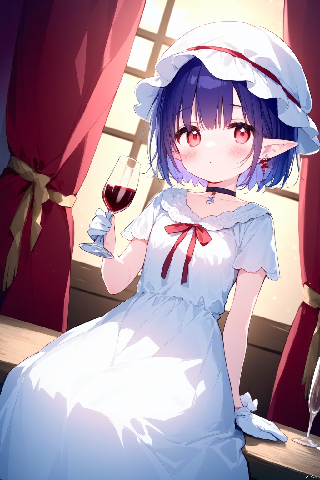 (((artist:nano))),loli,1girl, solo, gloves, hat, remilia scarlet, jewelry, pointy ears, white gloves, short hair, dress, choker, cup, curtains, earrings, mob cap, purple hair, holding, white dress, wine glass, drinking glass, looking at viewer, red eyes, holding cup, ribbon, blood, black choker, dutch angle, wine, white headwear, sitting, frills, flower, red ribbon