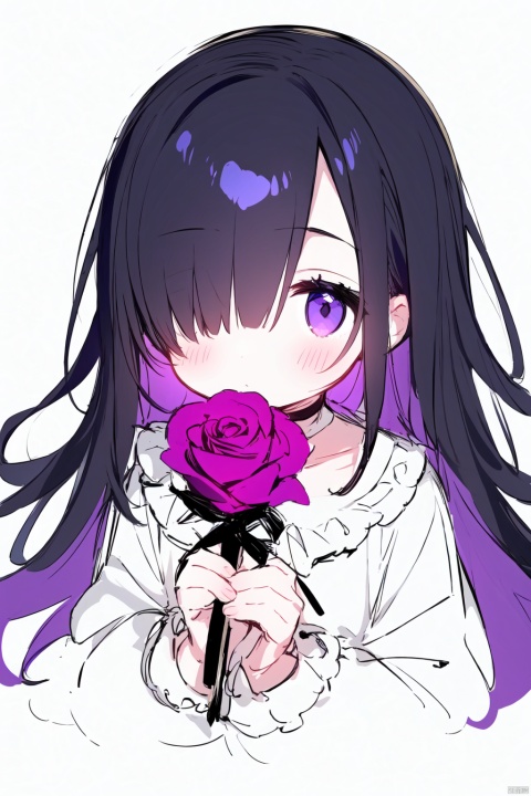 ((artist:nano)),loli,masterpiece,best quality,high quality,(colorful),[Artist toosaka asagi],[[[Artist wlop]]],[Artist chen bin],[Artist omone hokoma agm],1girl, solo, Long hair, black hair, purple gradient hair, purple eyes, blunt bangs, hair over one eye, glowing eyes, gothic, lace_trim, long sleeves, frilled shirt, skirt, choker, detached_sleeve, upper body, (half-closed eyes), chibi, looking at viewer, dutch angle, white background, (sketch:1.2), (cropped torso), ink splatter, purple rose, holding rose, covering mouth, masterpiece,bestquality, robinSR,march7th