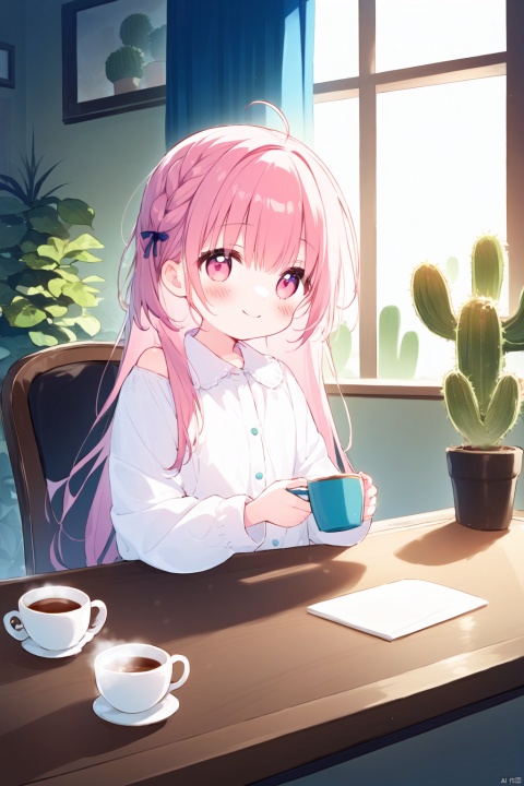 ((artist:nano)),loli,1girl, cactus, solo, best quality, lighting and shadow, blurry background, looking at viewer, sitting, holding cup, smile, blush, closed mouth, hair between eyes, pink eyes, pink hair, long hair, braid, bangs, ahoge, white shirt, collared shirt, open clothes, jacket, long sleeves, off shoulder, ribbon, vase, window, indoors, animal on lap, blue flower, black cat, cardigan, blurry foreground, potted plant, depth of field, curtains, teacup, cafe, coffee mug, table, watering can, on chair, leaf