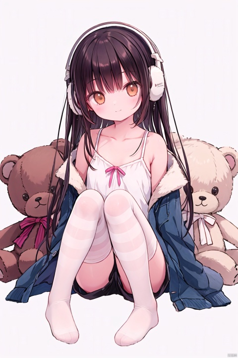 1girl, teddy bear, solo, thighhighs, long hair, stuffed animal, stuffed toy, headphones, short shorts, no shoes, brown eyes, striped, shorts, jacket, sitting, very long hair, long sleeves, bangs, camisole, closed mouth, looking at viewer, black shorts, white background, striped thighhighs, blush, smile, knees up, open jacket, blue jacket, open clothes, brown hair, collarbone, simple background, bare shoulders, off shoulder, scissors, full body